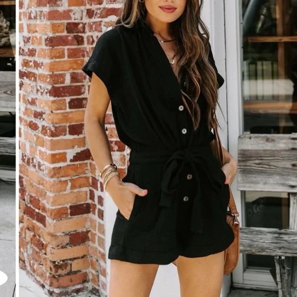 Vici Black Short-Sleeve Button Romper